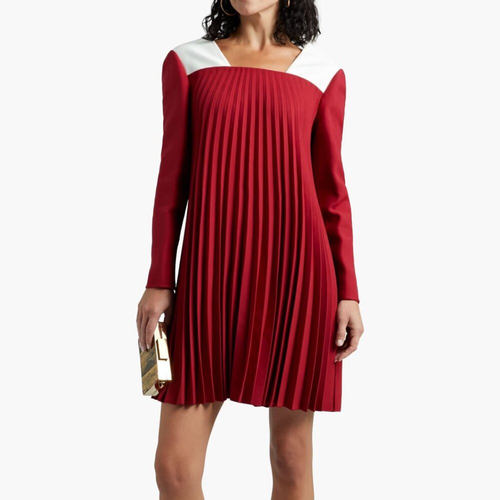 VALENTINO Pleated wool and silk-blend crepe mini dress
